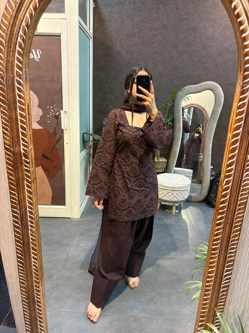 Zara Chocolate Brown Schiffli Kurta Set