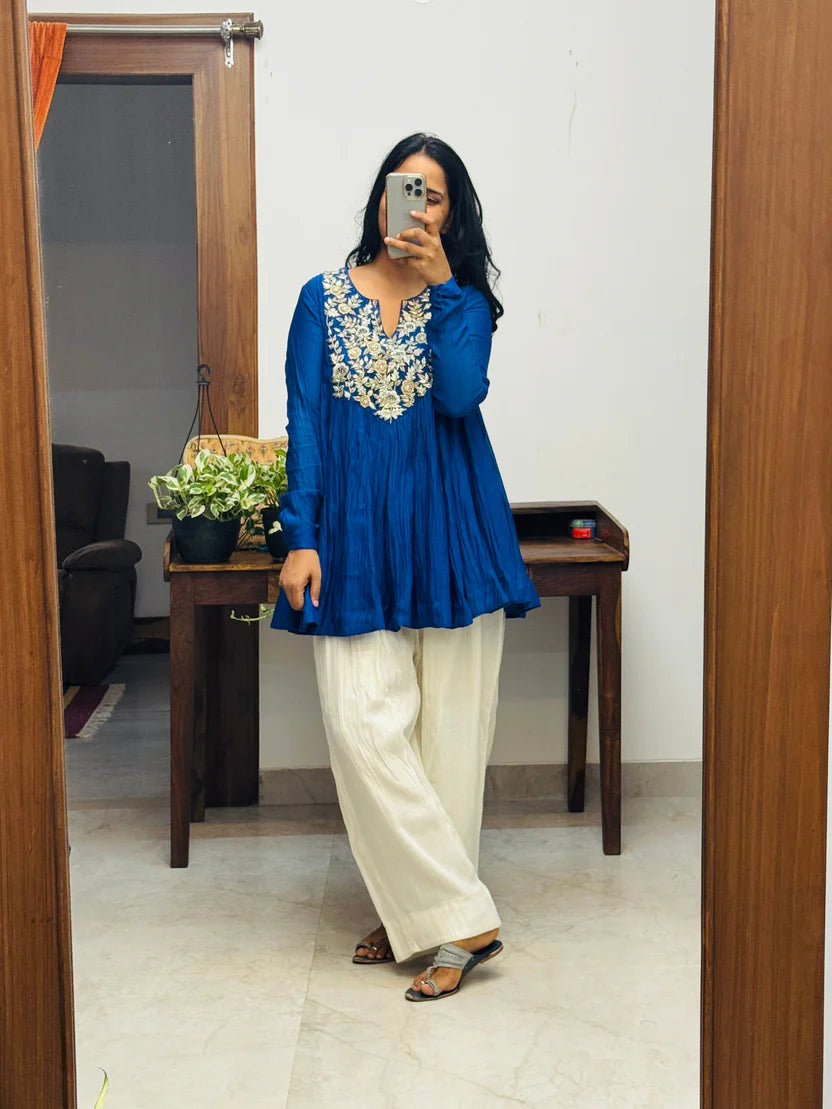 Noor-e-Neel Blue Mul chanderi Farshi salwar Kurta set