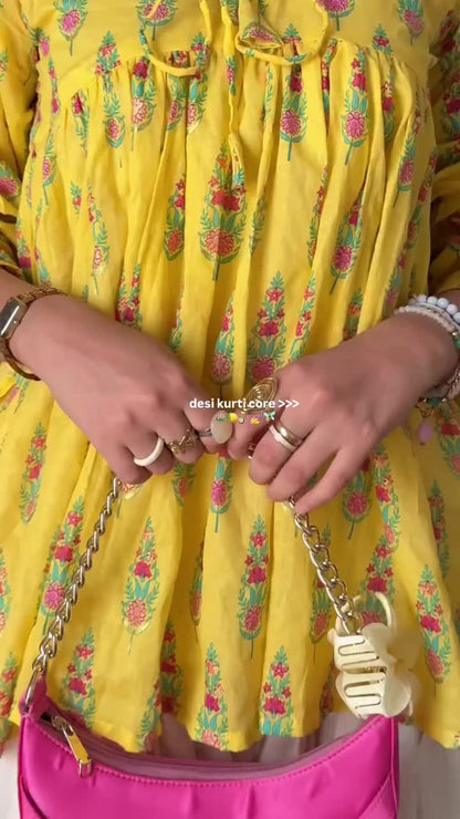 Aarohi Mustard Floral Printed Kurti with Embroidered Farshi Palazzo Set