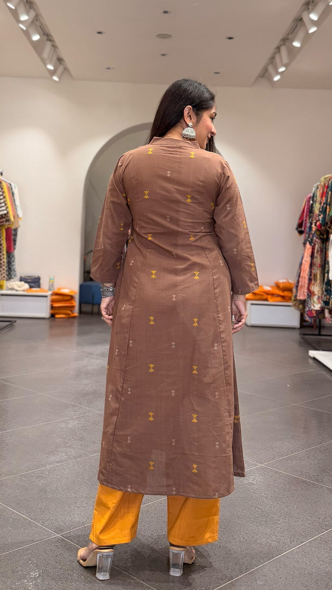 Amirah Hand Woven Kali Kurta In Cotton - Brown