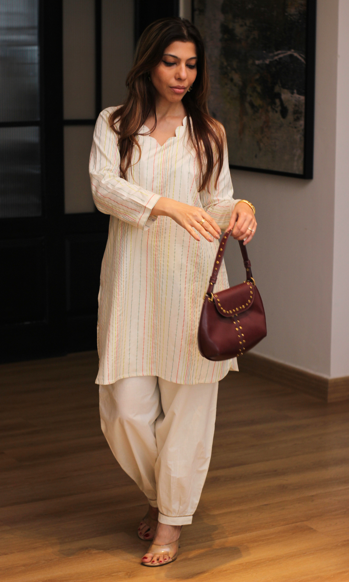 Aarvika Ivory Cotton Lurex Rainbow Stripe Kurta with Pleated Pants