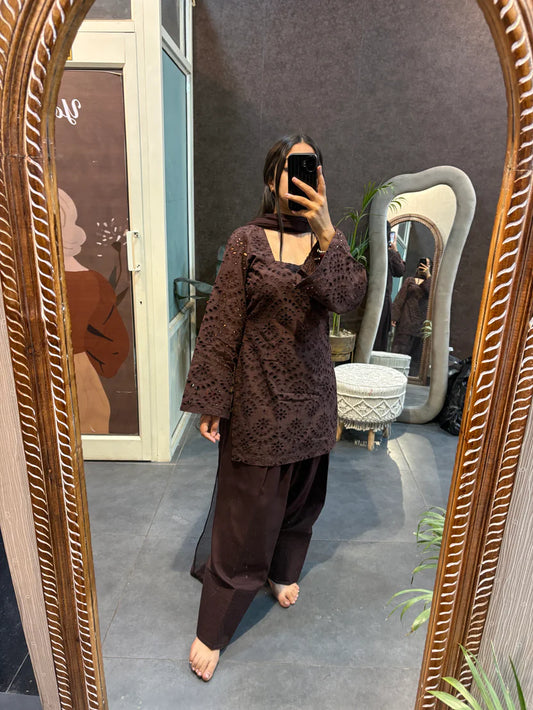 Zara Chocolate Brown Schiffli Kurta Set