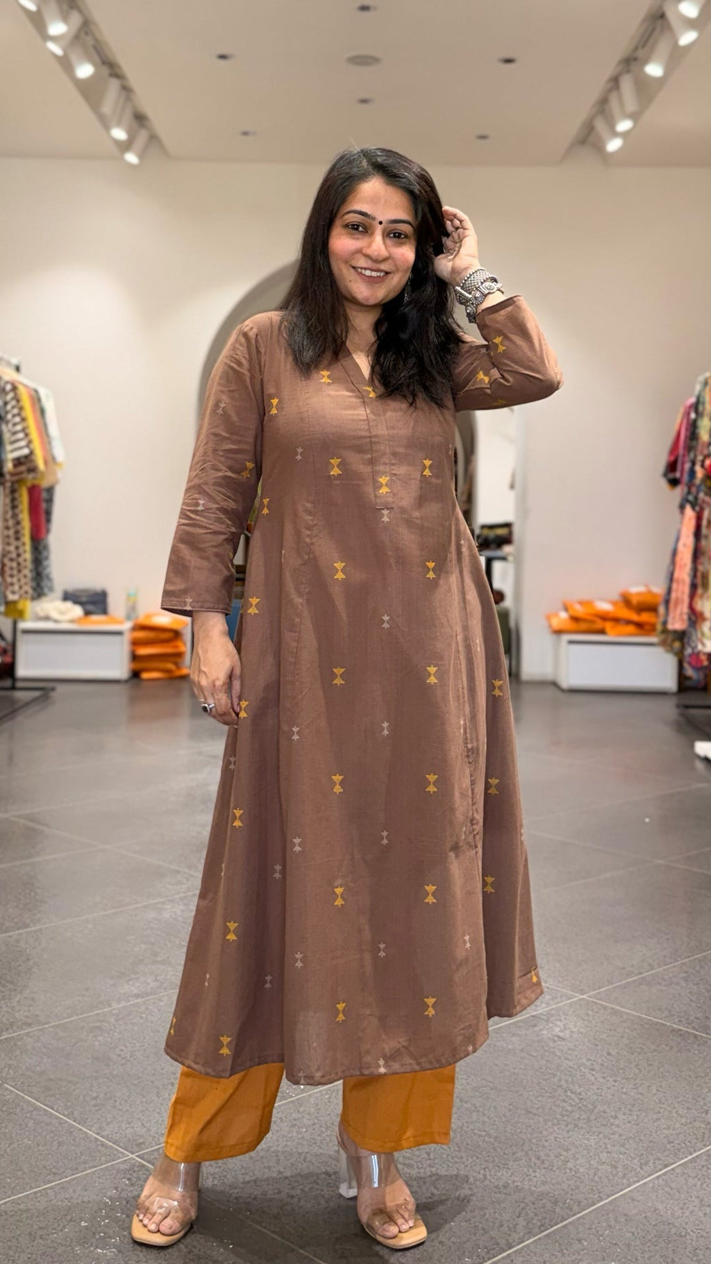 Amirah Hand Woven Kali Kurta In Cotton - Brown
