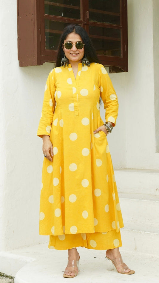 Yellow Polka Dots Kali Kurta In Cotton
