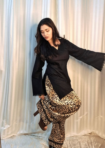 Aaliya Black Lace Kurta with Leopard Print Palazzo Set