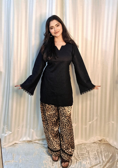 Aaliya Black Lace Kurta with Leopard Print Palazzo Set