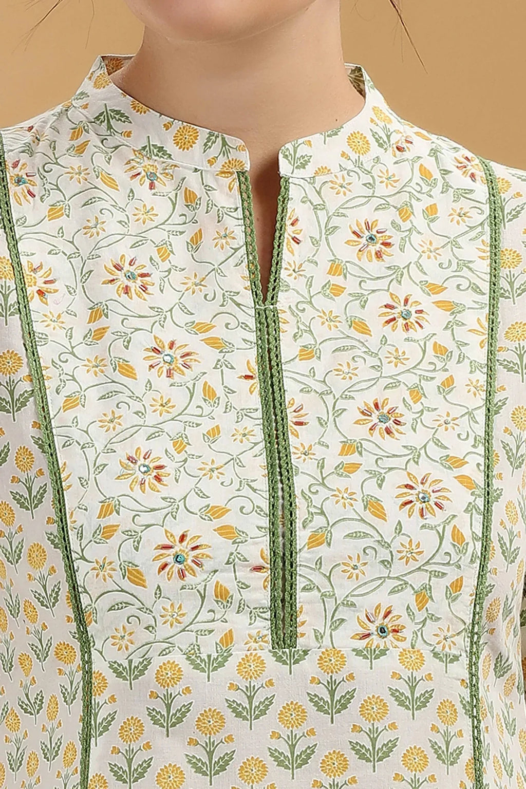 Cream & Green Jaipuri Cotton Printed A Line Kurta Pant Co ord Set