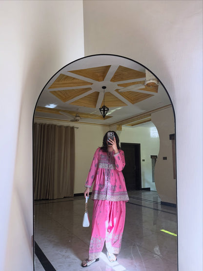 Meher Gul Premium Pink Cotton Farshi Suit Set
