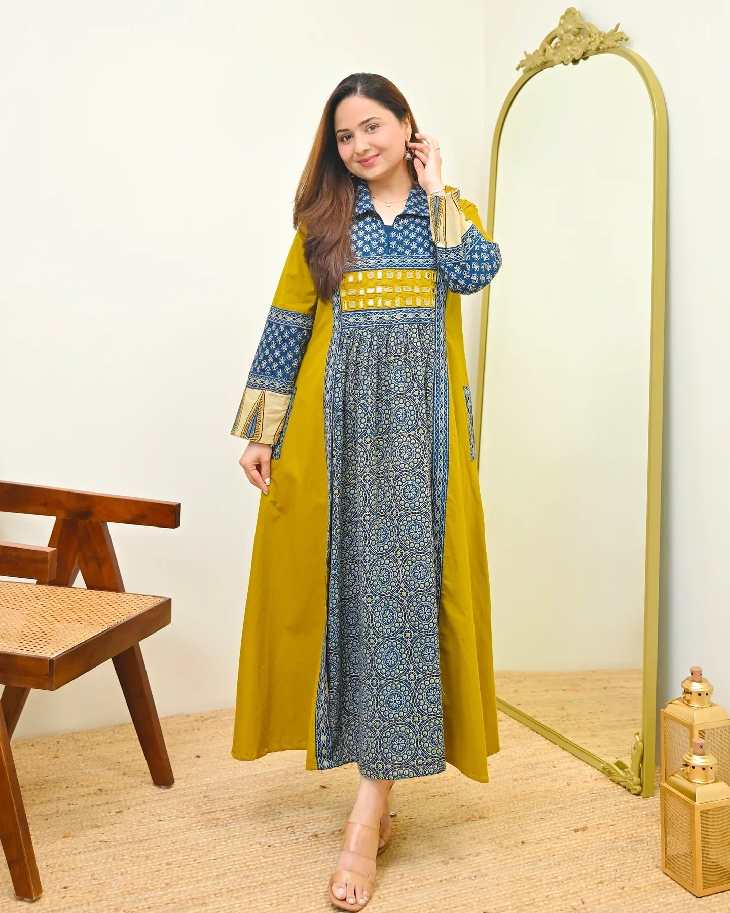Sunlit Neel Mosaic Ajrak Mirrorwork Cotton Kurta Dress