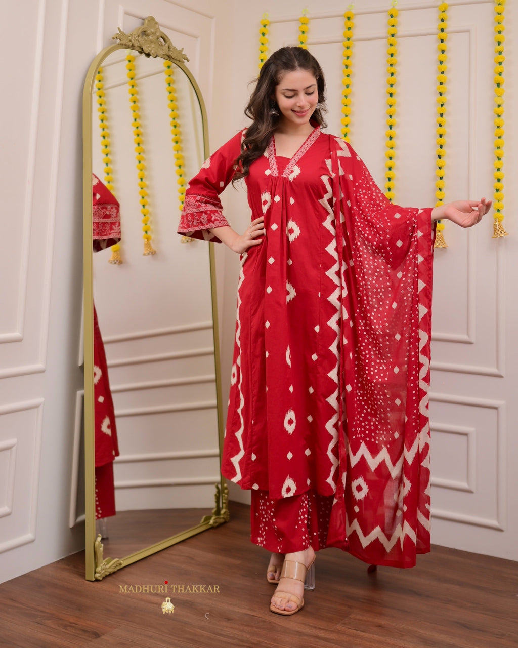 Red A Line Geometric Cotton Suit