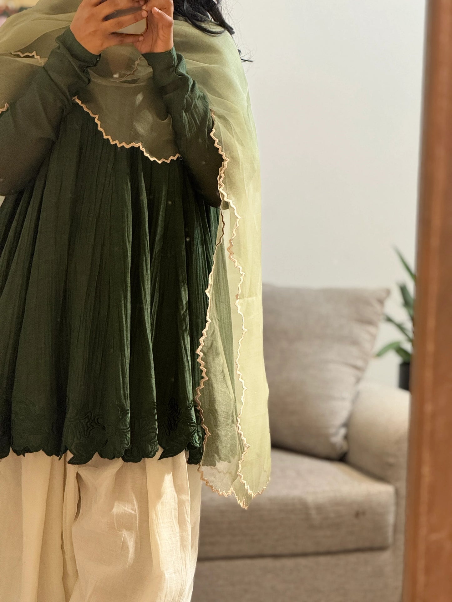 Olive green stylish Anarkali with Farshi Salwar