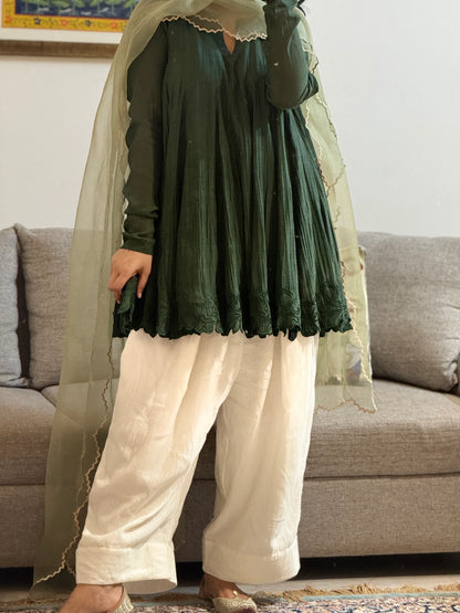 Olive green stylish Anarkali with Farshi Salwar