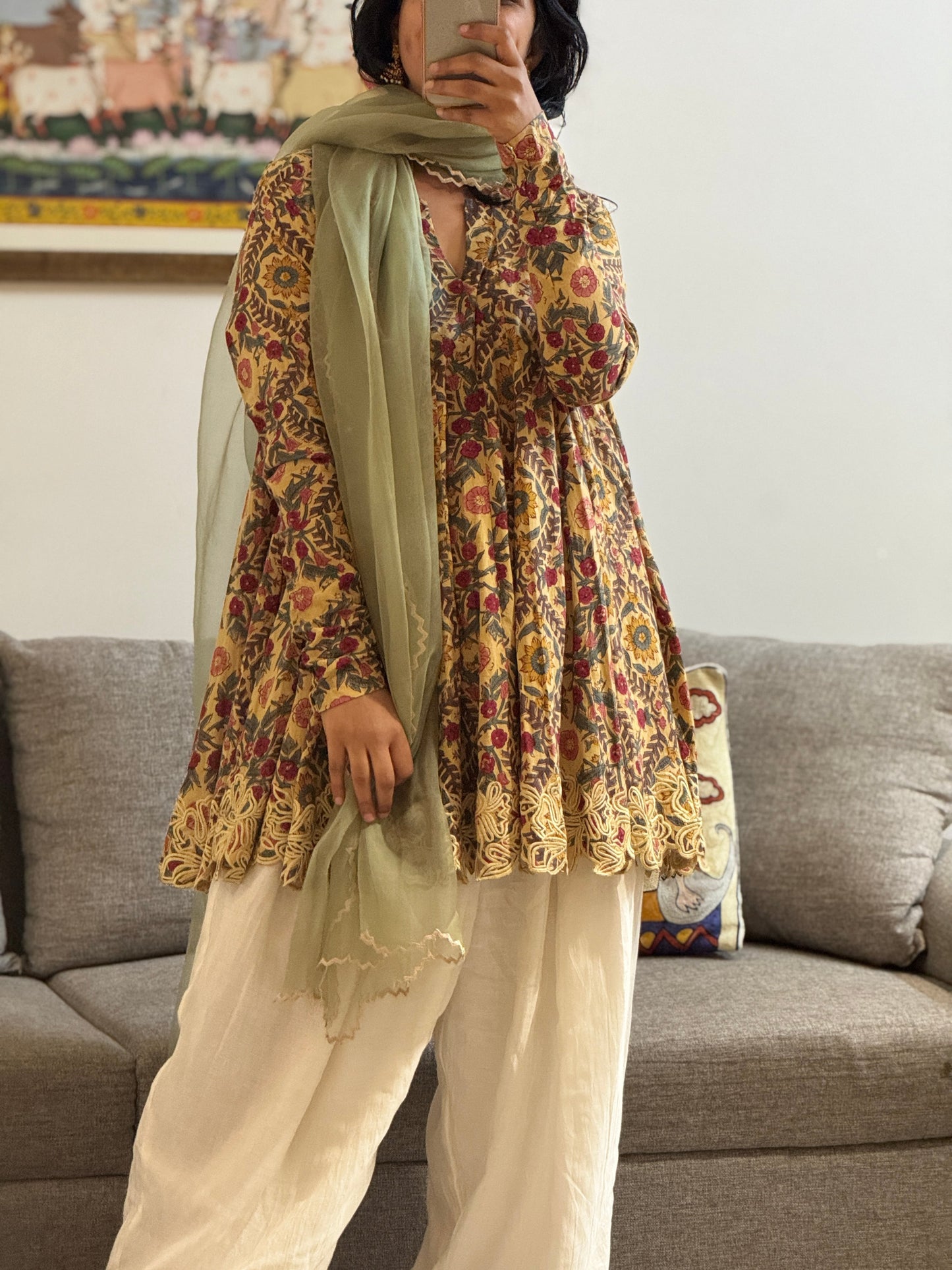 Beige Block printed cotton embroidered Anarkali with Farshi Salwar