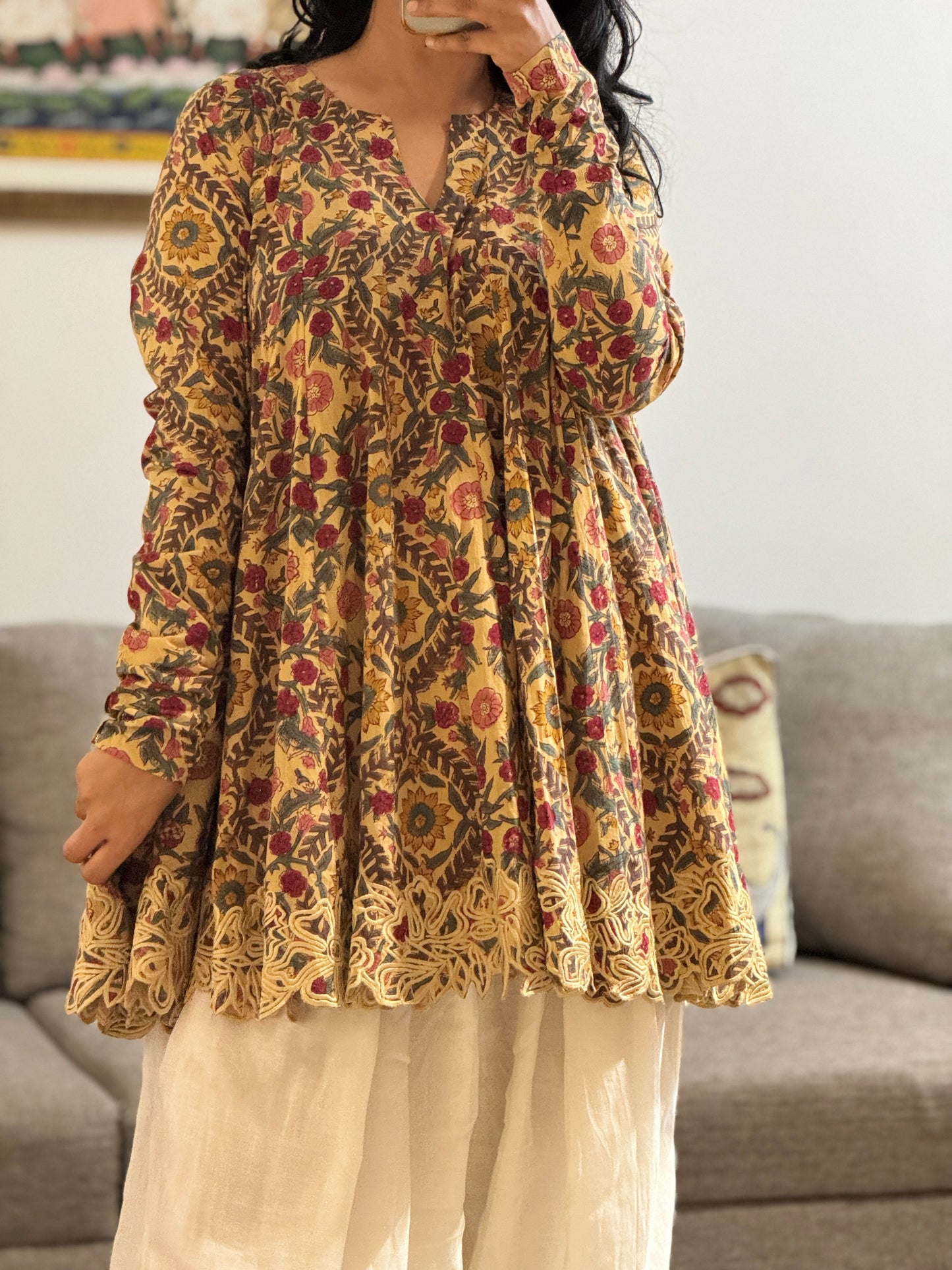 Beige Block printed cotton embroidered Anarkali with Farshi Salwar