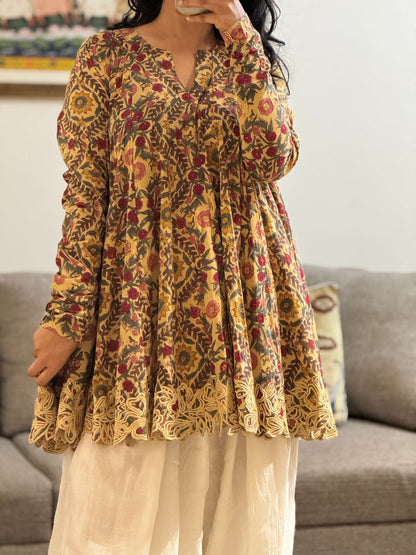 Beige Block printed cotton embroidered Anarkali with Farshi Salwar