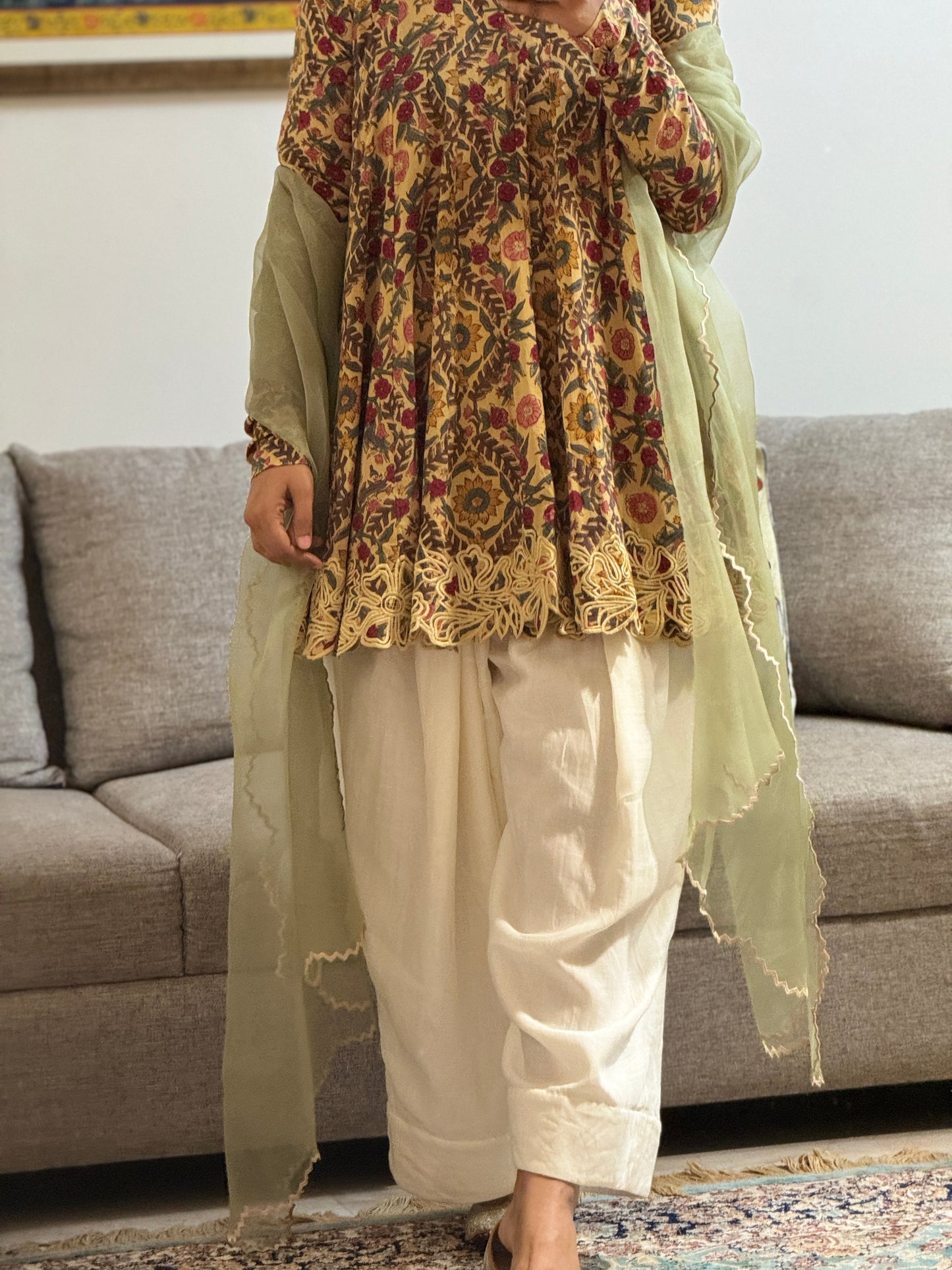 Beige Block printed cotton embroidered Anarkali with Farshi Salwar