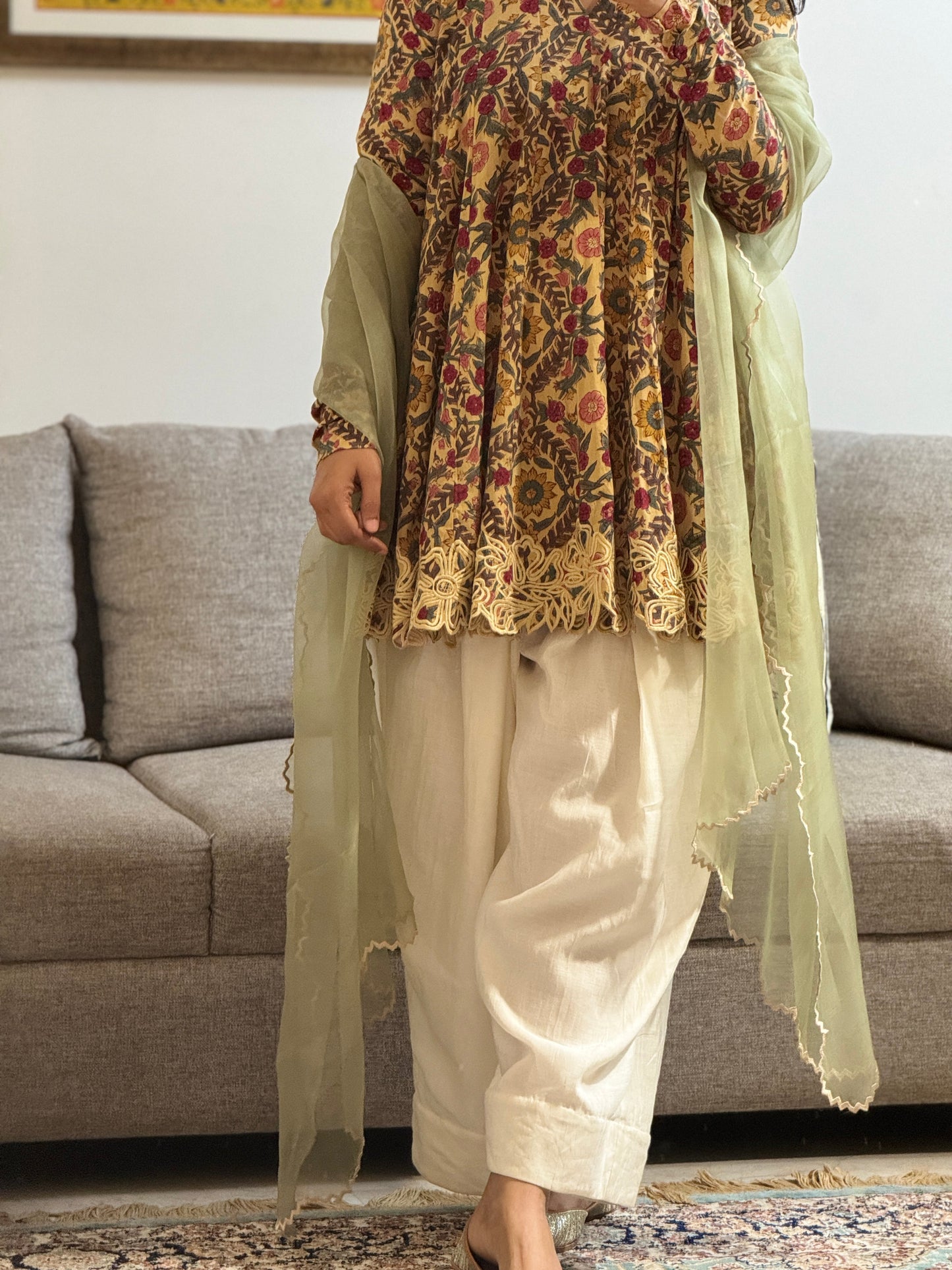 Beige Block printed cotton embroidered Anarkali with Farshi Salwar