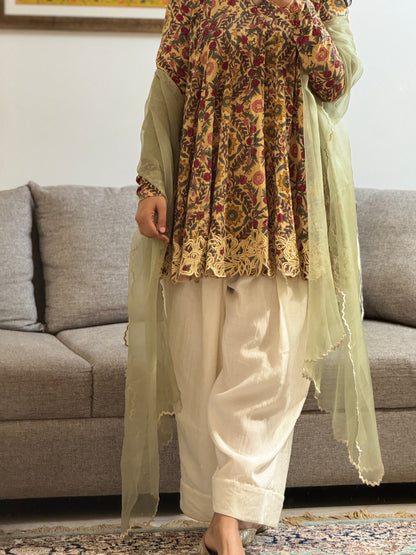 Beige Block printed cotton embroidered Anarkali with Farshi Salwar