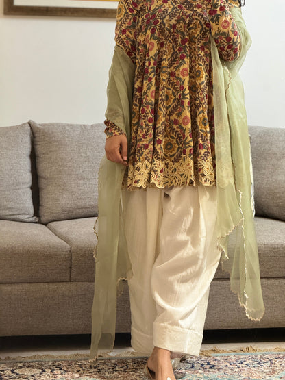 Beige Block printed cotton embroidered Anarkali with Farshi Salwar