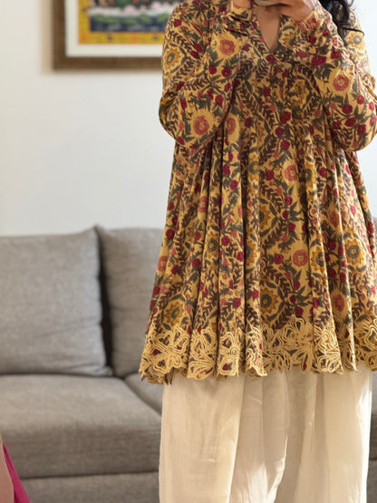 Beige Block printed cotton embroidered Anarkali with Farshi Salwar
