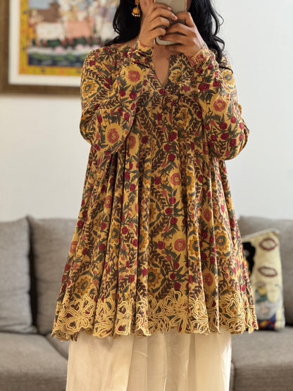 Beige Block printed cotton embroidered Anarkali with Farshi Salwar