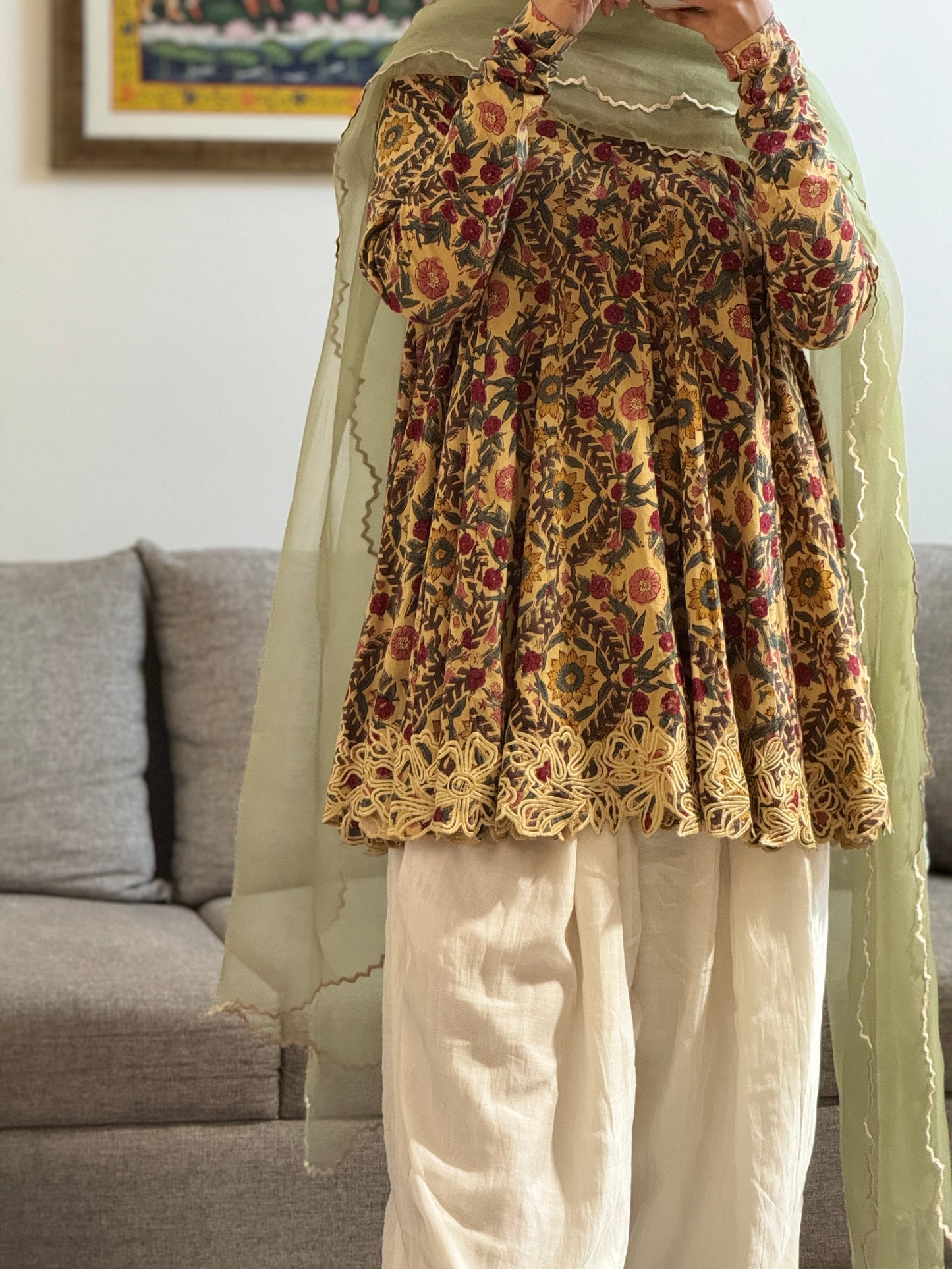 Beige Block printed cotton embroidered Anarkali with Farshi Salwar