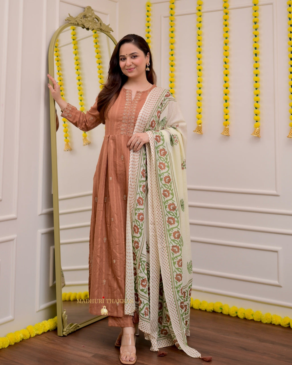 Brown A Line Cotton Festive Suit