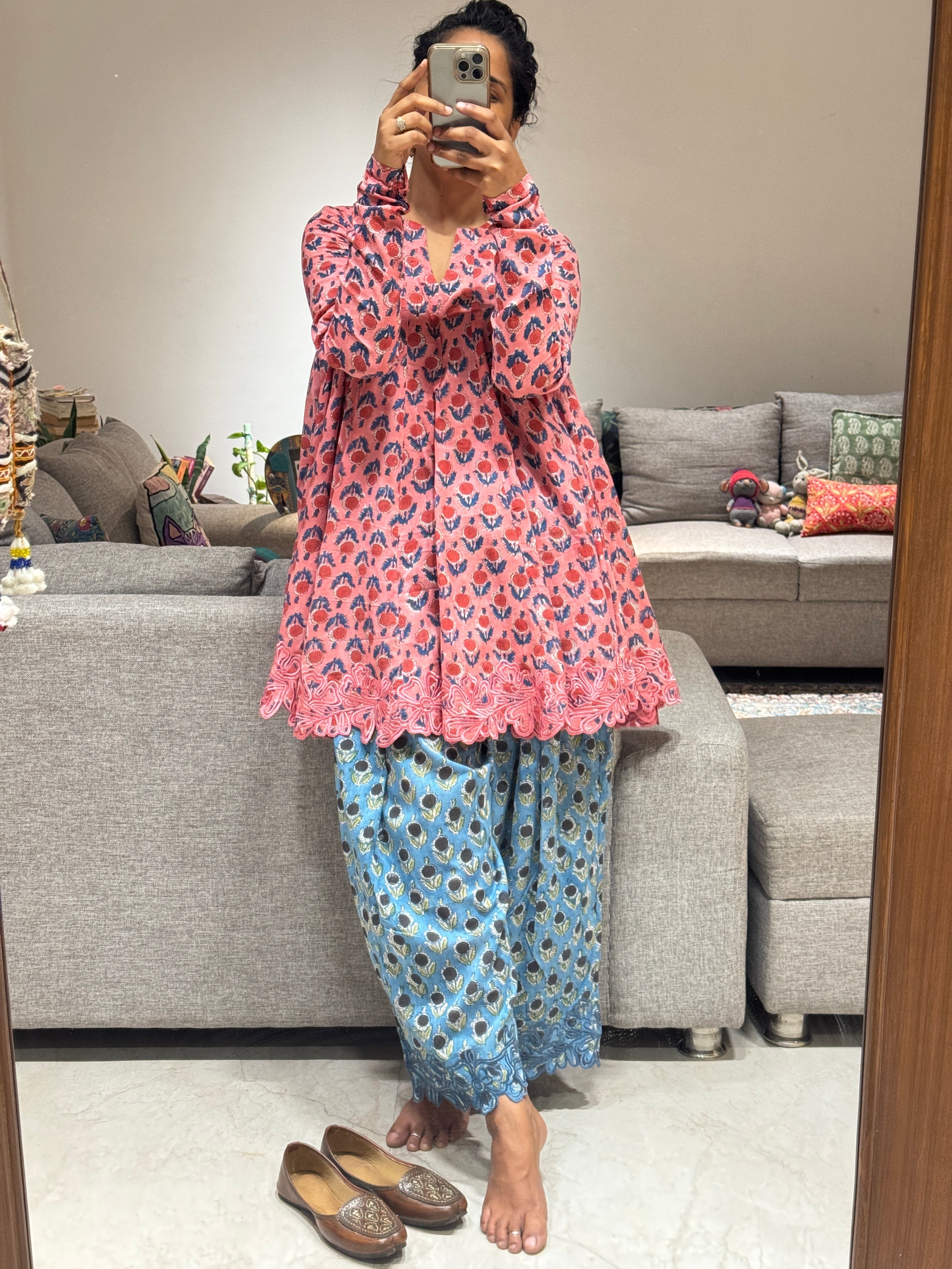 Pink/Blue Block printed cotton embroidered Anarkali with Farshi Salwar