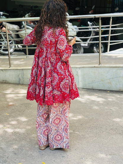 Red/White Block printed cotton embroidered Anarkali with Farshi Salwar