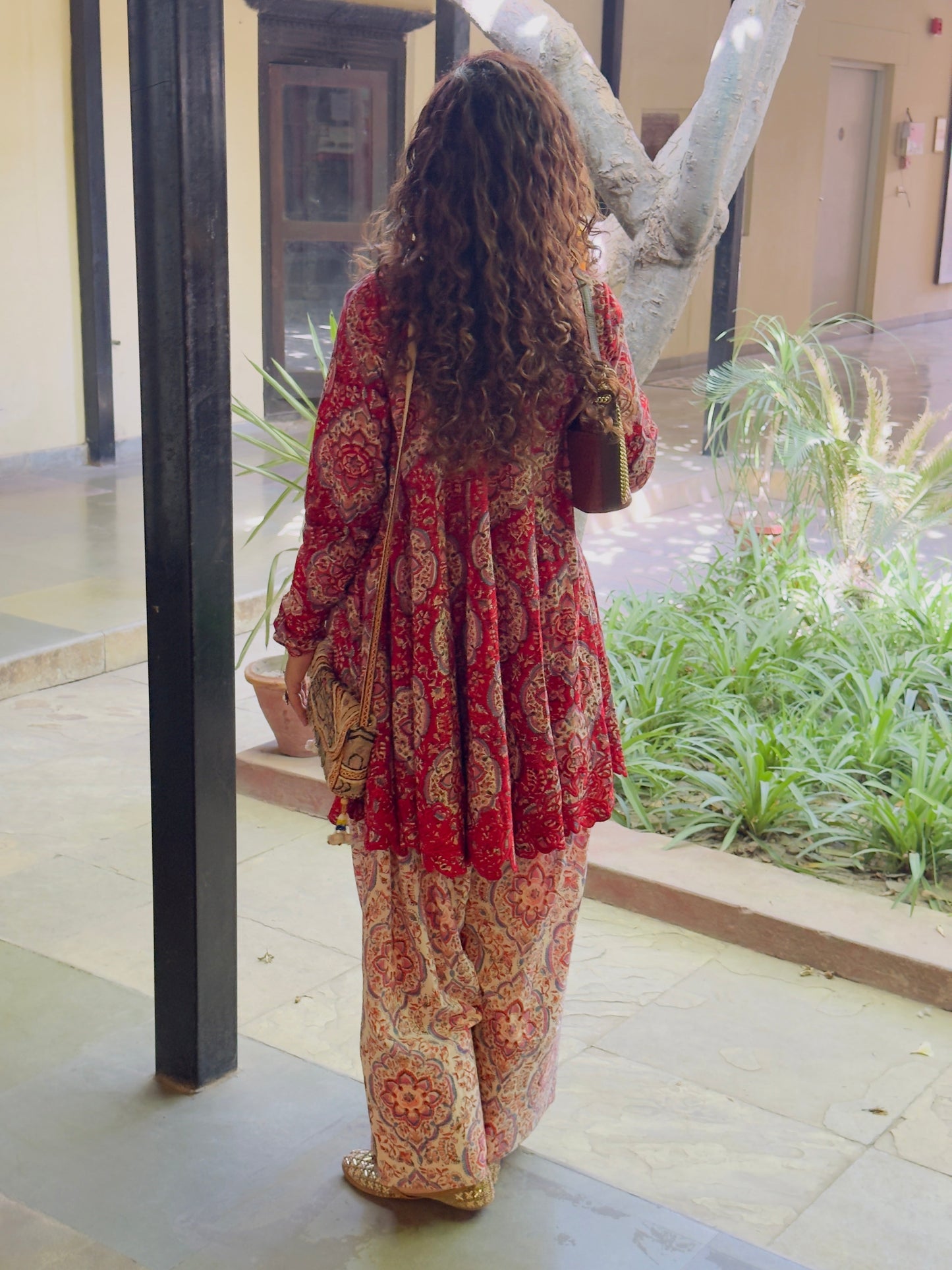 Red/White Block printed cotton embroidered Anarkali with Farshi Salwar