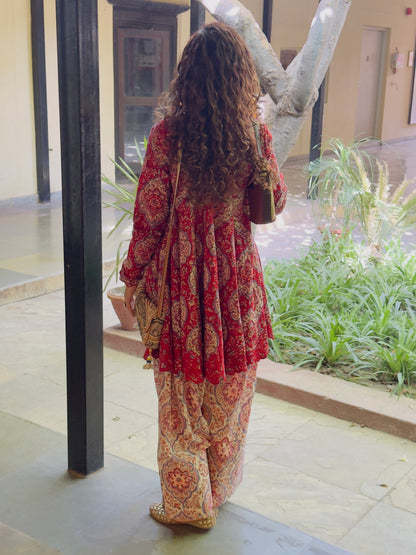 Red/White Block printed cotton embroidered Anarkali with Farshi Salwar