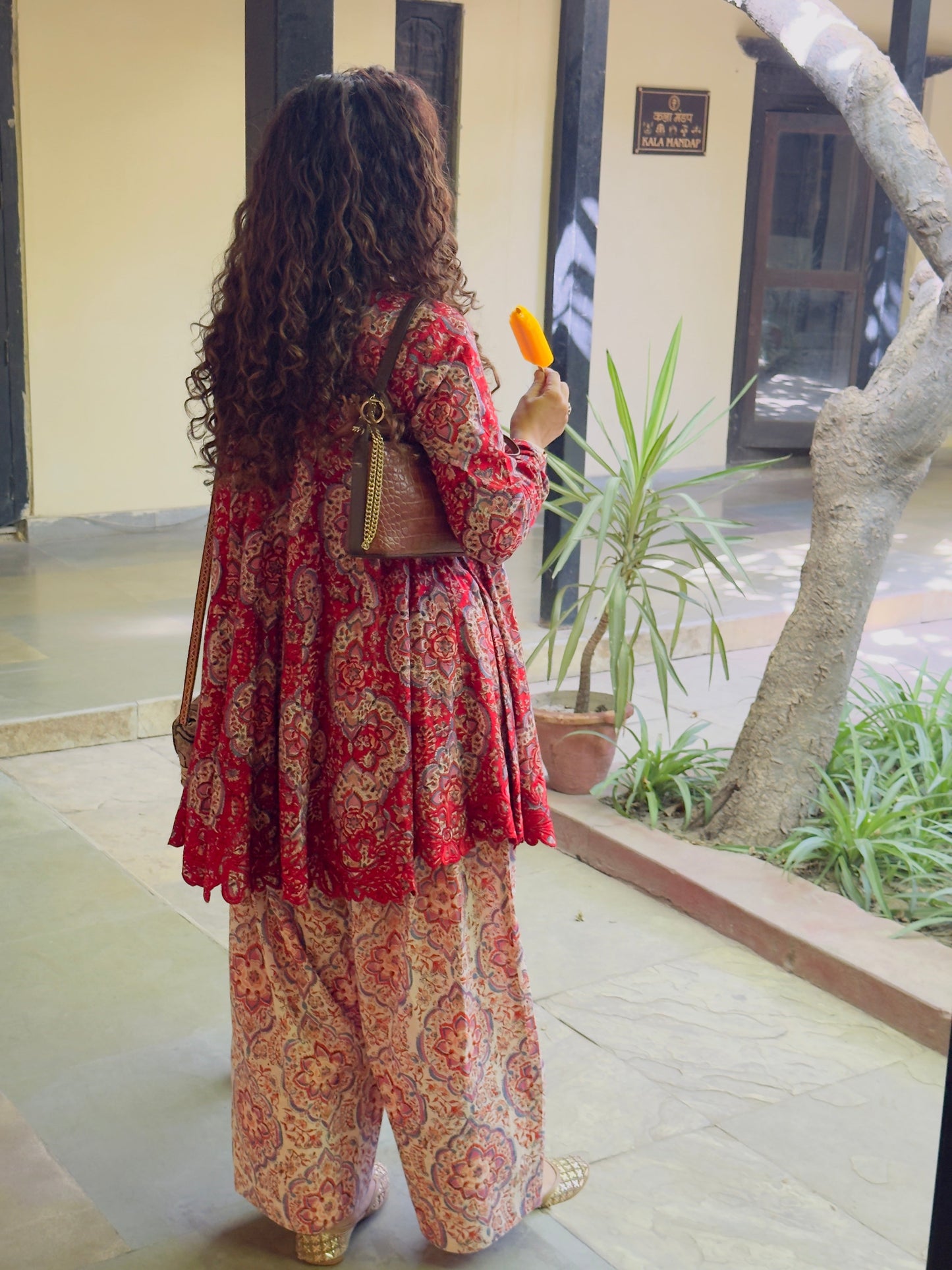 Red/White Block printed cotton embroidered Anarkali with Farshi Salwar