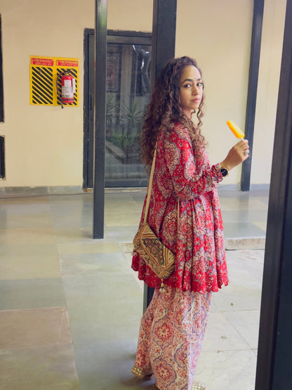 Red/White Block printed cotton embroidered Anarkali with Farshi Salwar