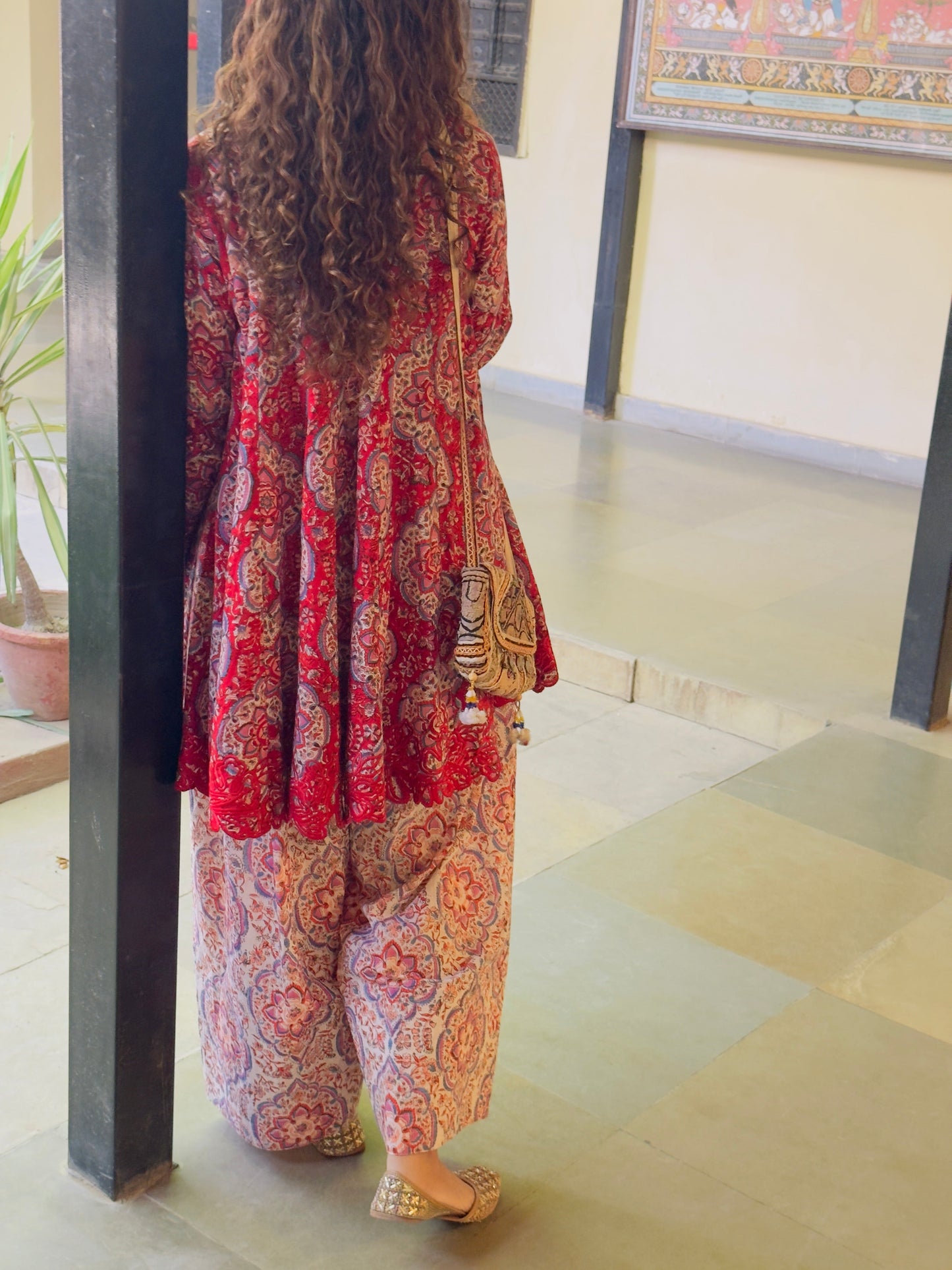 Red/White Block printed cotton embroidered Anarkali with Farshi Salwar