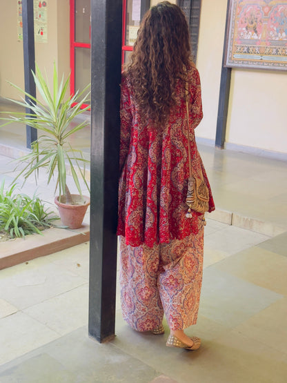 Red/White Block printed cotton embroidered Anarkali with Farshi Salwar