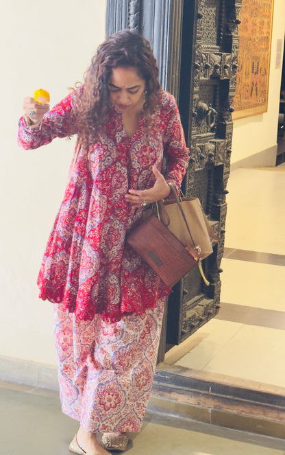Red/White Block printed cotton embroidered Anarkali with Farshi Salwar