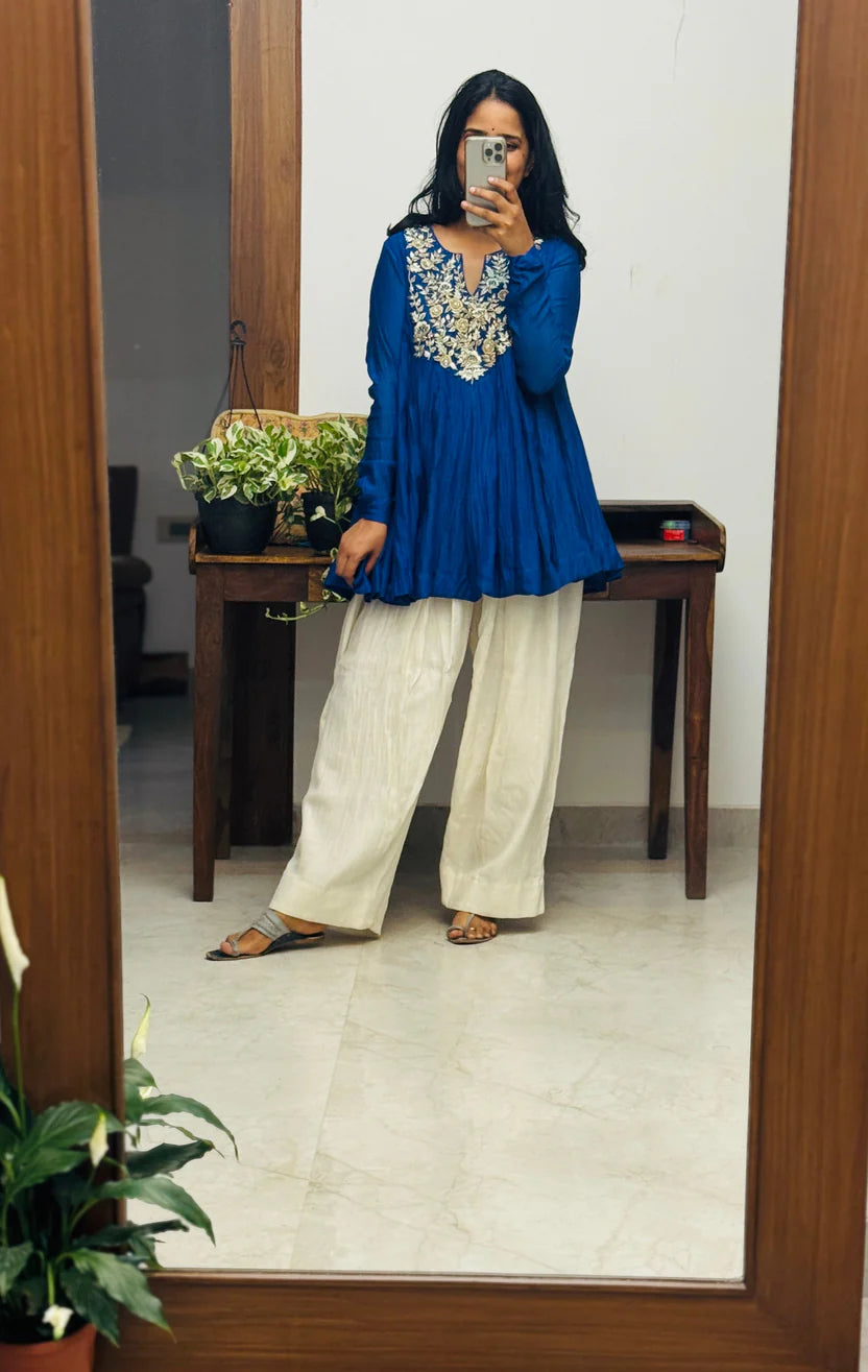 Noor-e-Neel Blue Mul chanderi Farshi salwar Kurta set