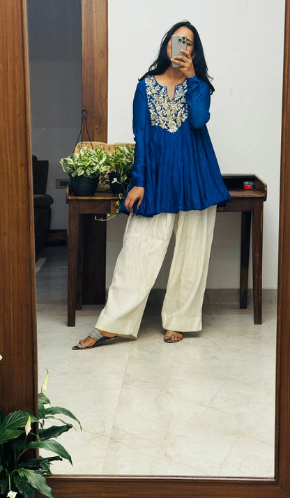 Noor-e-Neel Blue Mul chanderi Farshi salwar Kurta set