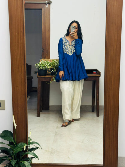 Noor-e-Neel Blue Mul chanderi Farshi salwar Kurta set