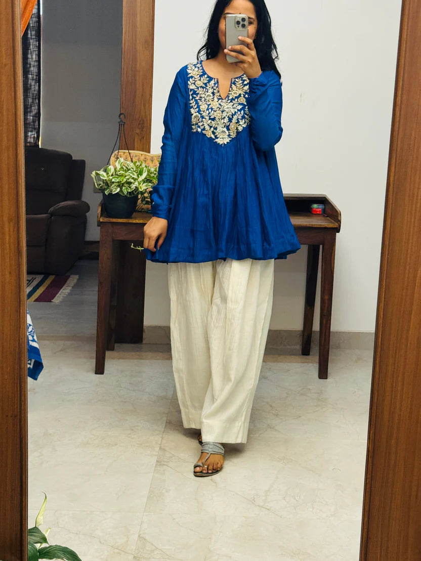 Noor-e-Neel Blue Mul chanderi Farshi salwar Kurta set