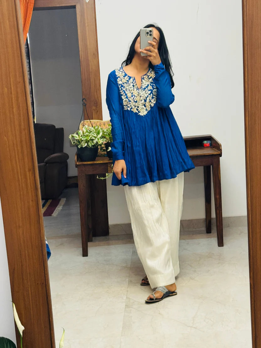 Noor-e-Neel Blue Mul chanderi Farshi salwar Kurta set