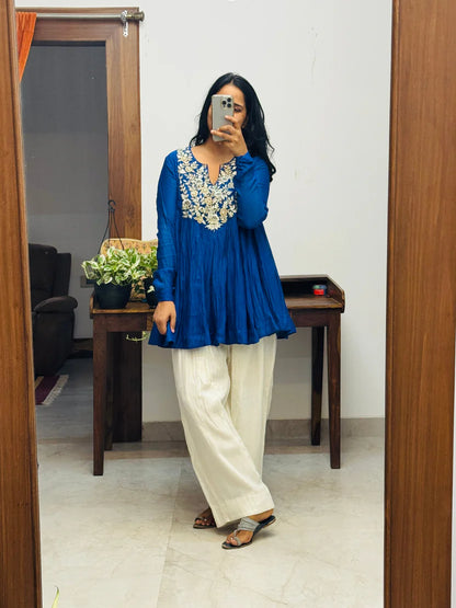 Noor-e-Neel Blue Mul chanderi Farshi salwar Kurta set