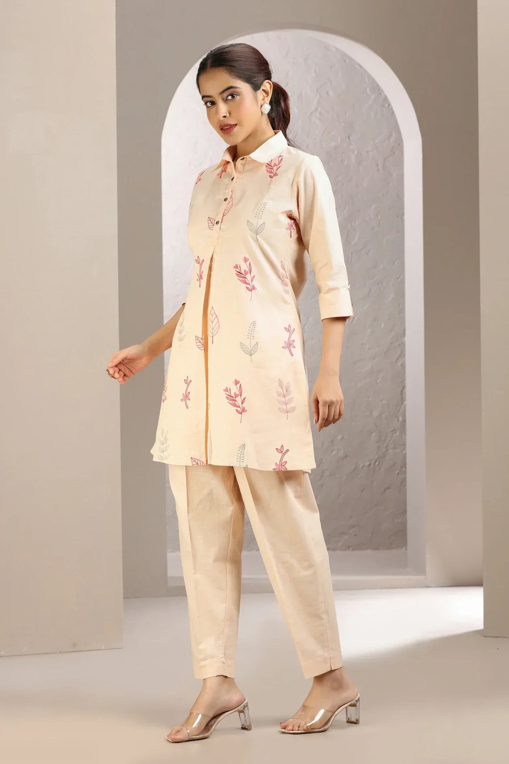 Light Peach Slub Cotton Embroidered Straight Kurta and Pant Set