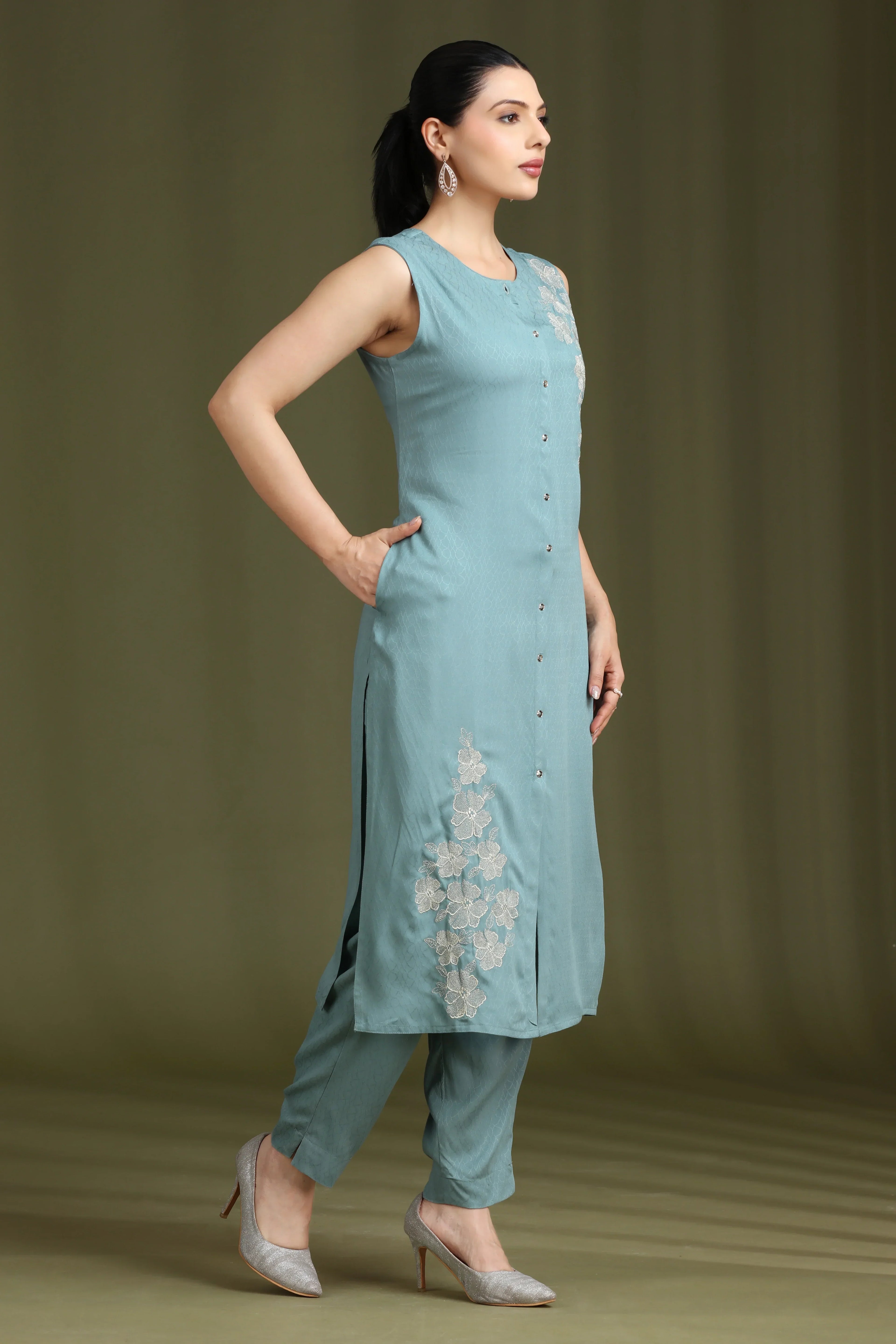 Soft Blue Embroidered Straight Co ord Set