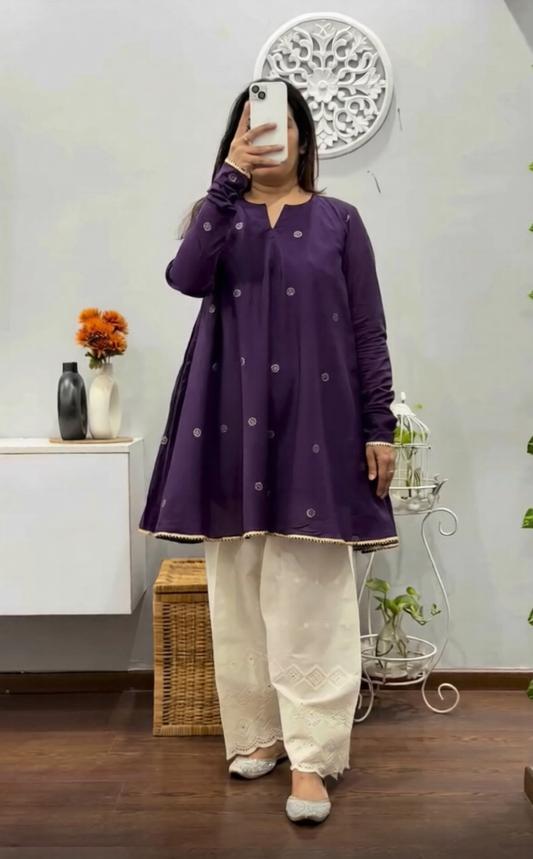 Mirza Purple Embroidered A-Line Kurta Trouser Set