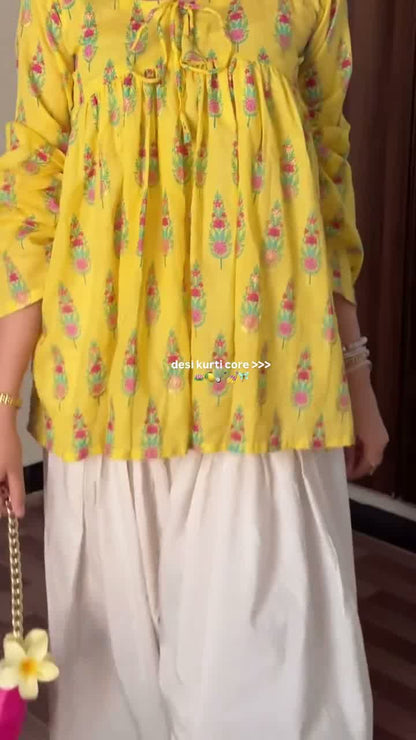 Aarohi Mustard Floral Printed Kurti with Embroidered Farshi Palazzo Set