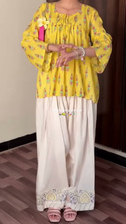 Aarohi Mustard Floral Printed Kurti with Embroidered Farshi Palazzo Set