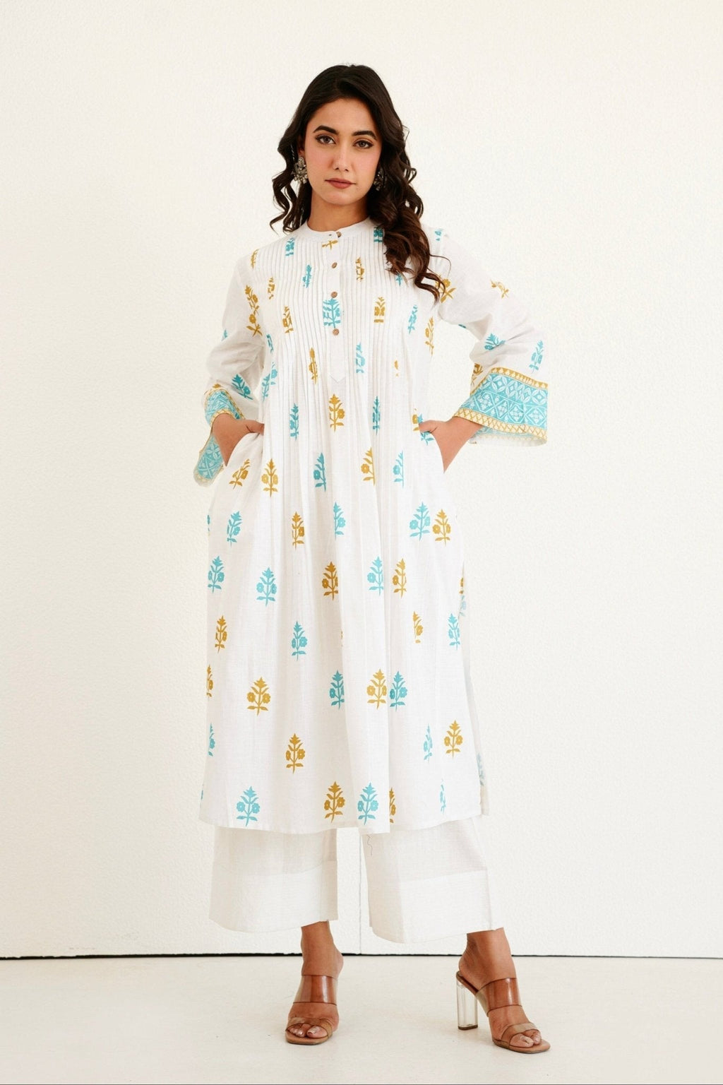 White Cotton Slub Buti Print Kurta Set with Culottes