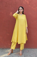 Yellow A line Cotton Kurta with Panels and yellow pajama